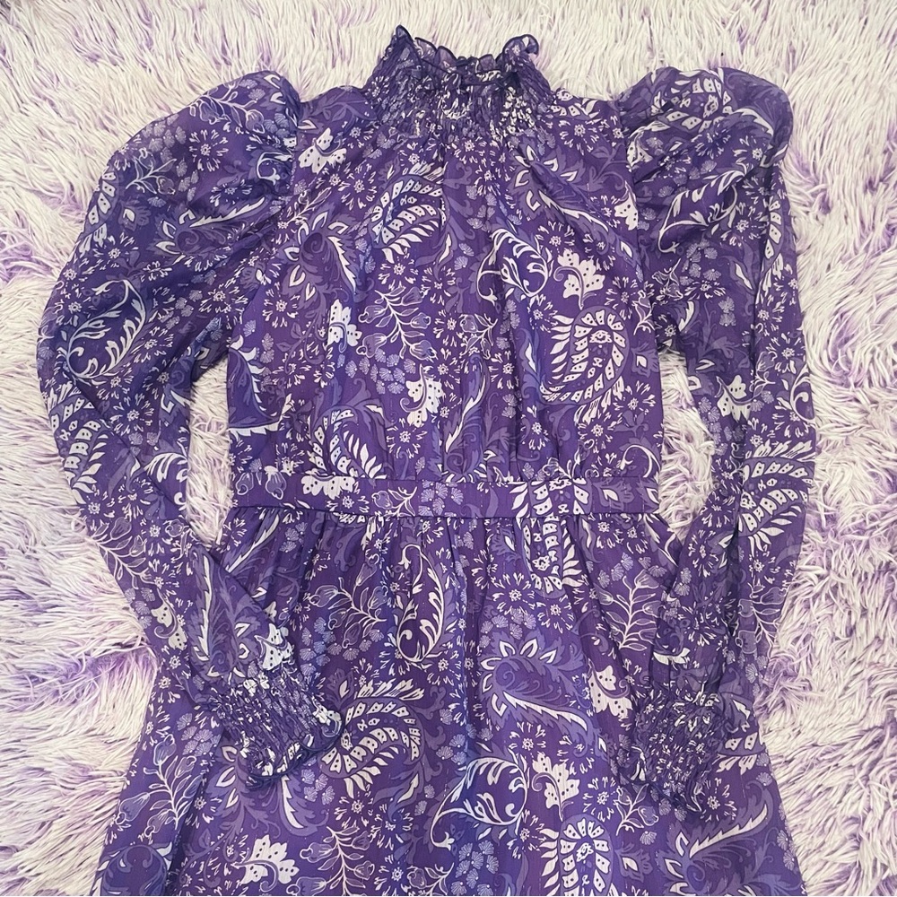 Purple and White Paisley Boho Hippie Mock Turtleneck Midi Dress - Women’s Size S